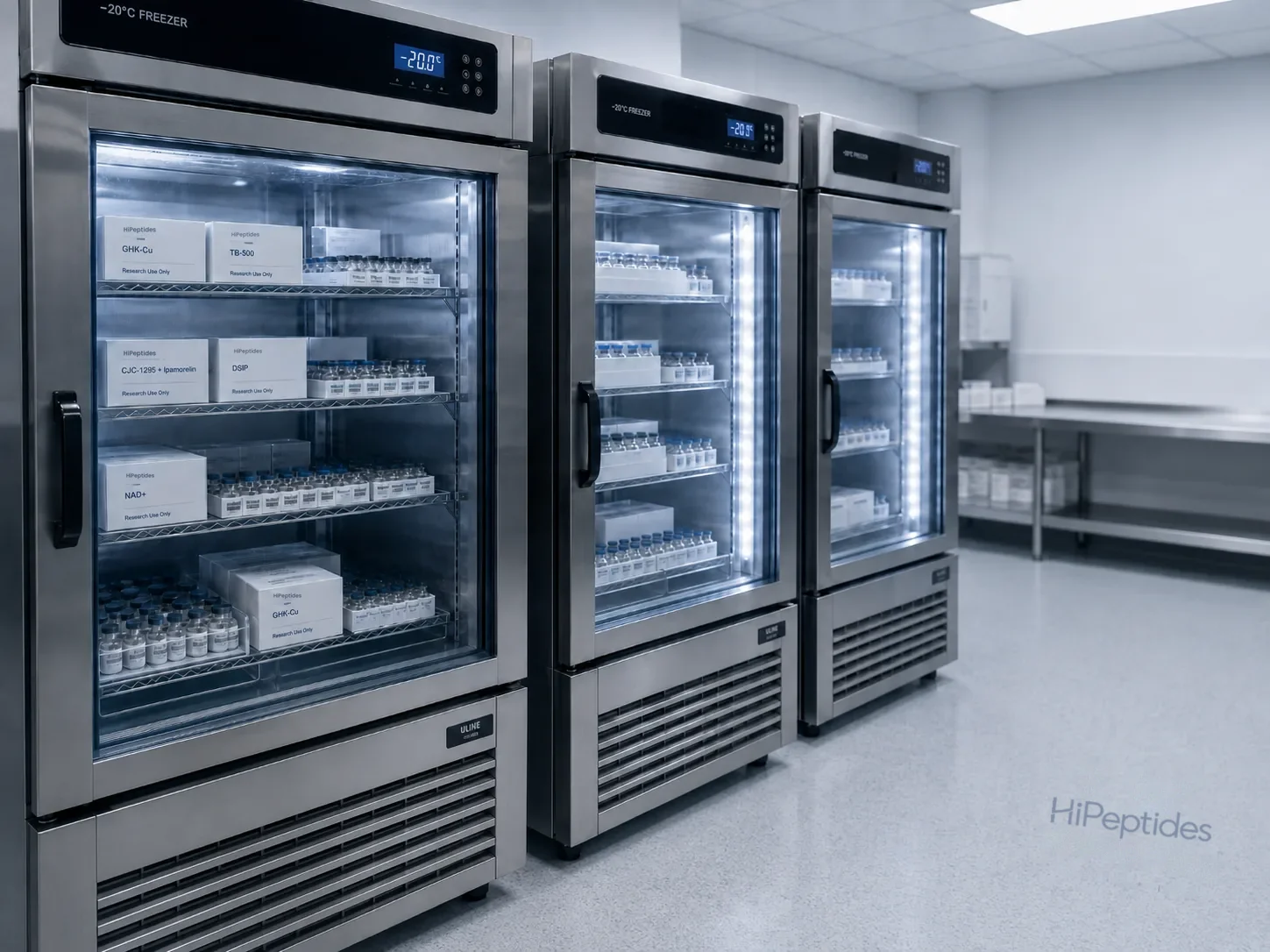 HiPeptides −20°C cold storage — research peptides held in temperature-controlled freezers at our UK facility